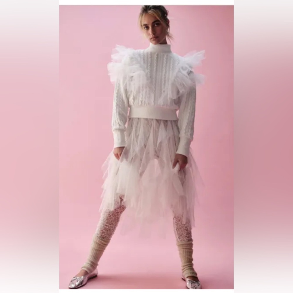 Free People Showstopper Ruffled Tulle Cable Sweater Top Large